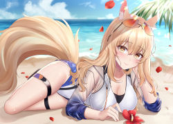 Rule 34 | 1girl, animal ears, arknights, beach, blonde hair, blurry, blush, breasts, brown eyes, cleavage, closed mouth, commission, depth of field, eyewear on head, flower, full body, head rest, highres, horse ears, horse girl, horse tail, jyu-so, large breasts, long hair, long sleeves, looking at viewer, nearl (arknights), nearl (shimmering dew) (arknights), official alternate costume, one-piece swimsuit, outdoors, petals, pixiv commission, see-through, smile, solo, sunglasses, swimsuit, tail, thigh strap, thighs
