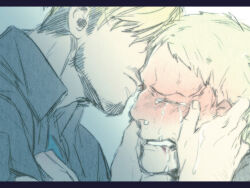 Rule 34 | 2boys, blonde hair, close-up, collared jacket, comforting, crying, facial hair, from side, goatee, hair over eyes, hands on another&#039;s face, jacket, kyosuke, male focus, mature male, mike zakarius, multiple boys, paradis military uniform, reiner braun, shingeki no kyojin, shirt tug, short hair, stubble, tears, yaoi