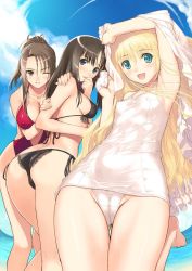 Rule 34 | 3girls, aqua eyes, armpits, ass, barefoot, beach, bikini, black bikini, black eyes, blonde hair, breasts, brown hair, butt crack, cameltoe, cleavage, cleft of venus, covered erect nipples, day, flat chest, france shoujo, green eyes, highres, jpeg artifacts, large breasts, leg lift, long hair, looking back, multiple girls, non-web source, odagiri maiko, one-piece swimsuit, one eye closed, outdoors, ponytail, red one-piece swimsuit, robe, school swimsuit, shoujo (france shoujo), side-tie bikini bottom, sideboob, swimsuit, thighs, tony taka, undressing, water, white one-piece swimsuit, white school swimsuit, wink, yagisawa kasumi