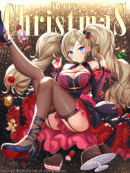 Rule 34 | 1girl, black dress, black thighhighs, blue eyes, blue footwear, breasts, brown hair, cake, christmas, christmas ornaments, cleavage cutout, clothes between thighs, clothing cutout, commentary request, dress, earrings, english text, floating, food, fruit, garter straps, gingerbread man, grin, hair ornament, hamahama, high heels, highres, holding, holding food, holding fruit, jewelry, large breasts, leg up, long hair, long sleeves, looking at viewer, merry christmas, nutcracker, official alternate costume, original, petticoat, short dress, shoulder cutout, smile, solo, strawberry, swept bangs, text background, thighhighs, tray, twintails, watermark, whisk