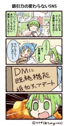 Rule 34 | 0 0, 2girls, 4koma, :d, artist name, blue hair, box, carrying, comic, commentary request, emphasis lines, explosion, green eyes, green hair, hair tie, hat, lab coat, line (naver), long sleeves, multiple girls, notice lines, open mouth, paneled background, personification, ponytail, sailor hat, short ponytail, sidelocks, smile, sweatdrop, translation request, tsukigi, twitter, twitter-san, twitter-san (character), twitter username, yellow eyes