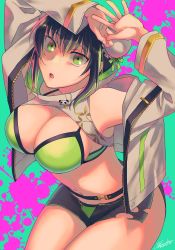 Rule 34 | 1girl, bare shoulders, belt, bikini, black hair, black shorts, breasts, bun cover, cleavage, collarbone, double bun, fate/grand order, fate (series), green bikini, green eyes, green ribbon, hair bun, hair ribbon, hands up, jacket, large breasts, long sleeves, looking at viewer, navel, open clothes, open jacket, open mouth, qin liangyu (chainsaw of the dead) (fate), qin liangyu (fate), ribbon, short shorts, shorts, sidelocks, solo, swimsuit, thighs, white jacket, yuuzuki230