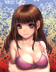 Rule 34 | 1girl, bare shoulders, blue eyes, blunt bangs, breast hold, breasts, brown hair, cleavage, collarbone, eyelashes, highres, kamdia, long hair, looking at viewer, making-of available, original, smile, solo, star (symbol), starry background