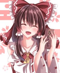 Rule 34 | 1girl, :d, ^ ^, absurdres, ascot, bare shoulders, blush, bow, box, brown hair, closed eyes, collarbone, commentary request, detached sleeves, donation box, floral background, frills, hair between eyes, hair bow, hair tubes, hakurei reimu, head tilt, highres, holding, holding box, long hair, open mouth, red bow, ribbon-trimmed sleeves, ribbon trim, shiranui (wasuresateraito), sidelocks, simple background, smile, solo, touhou, upper body, white background, wide sleeves, yellow ascot, |d
