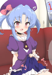 Rule 34 | 1girl, blue hair, blue skirt, bow, commentary request, frilled skirt, frills, grey panties, hat, hat bow, highres, kurobane alice, lifted by self, momio, open mouth, panties, parted bangs, pink bow, puffy short sleeves, puffy sleeves, purple hat, purple shirt, red eyes, sailor collar, school uniform, serafuku, shadowverse (anime), shirt, short sleeves, sidelocks, sitting, skirt, solo, twintails, underwear, white sailor collar, wrist cuffs