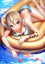 Rule 34 | 1girl, absurdres, barefoot, bikini, bikini under clothes, black eyes, bracelet, braid, breasts, cleavage, crown braid, earrings, flower, grey hair, hair between eyes, hair flower, hair ornament, highres, idolmaster, idolmaster cinderella girls, idolmaster cinderella girls starlight stage, inflatable raft, jai (whany1998), jewelry, large breasts, looking at viewer, lying, necklace, on side, parted bangs, shiomi syuko, short hair, short shorts, shorts, smile, solo, striped bikini, striped clothes, swimsuit, water, wrist straps