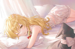 Rule 34 | 1girl, bed sheet, black hat, blonde hair, bloomers, blush, bow, braid, brown eyes, camisole, commentary request, curtains, frilled camisole, frills, hair between eyes, hair bow, hat, hugging object, indoors, kirisame marisa, lazuri7, long hair, looking at viewer, parted lips, pillow, pillow hug, red bow, single braid, solo, touhou, underwear, underwear only, unworn hat, unworn headwear, white bloomers, white camisole, witch hat
