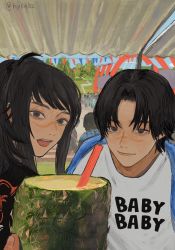 Rule 34 | 1boy, 1girl, arou, bee, black hair, blurry, blurry background, bug, chainsaw man, drink, drinking straw, festival, food, fruit, fuyukonbu, high ponytail, highres, insect, kurose yutarou, looking at viewer, open mouth, pineapple, ponytail, scar, scar on face, scar on nose, shirt, sidelocks, smile, summer, swept bangs, taking picture, tendou michiko, twitter username, white shirt