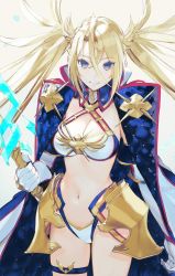 Rule 34 | 1girl, armor, bikini, bikini under clothes, blonde hair, blue eyes, bradamante (fate), bradamante (third ascension) (fate), braid, breasts, cleavage, coat, crown braid, elbow gloves, fate/grand order, fate (series), faulds, gloves, grin, highres, jacket, jacket on shoulders, legband, long hair, medium breasts, midriff, navel, scepter, simple background, smile, solo, swimsuit, taiki (luster), twintails
