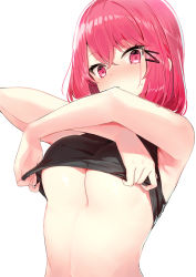 Rule 34 | 1girl, ariaria (netsuki), armpits, arms up, bare arms, bare shoulders, black shirt, breasts, cleavage, clothes lift, crop top, hair between eyes, hair ornament, hairclip, highres, looking at viewer, medium breasts, midriff, miruto netsuki, no bra, original, red eyes, red hair, shirt, shirt lift, short hair, simple background, sleeveless, sleeveless shirt, solo, stomach, undressing, upper body, white background