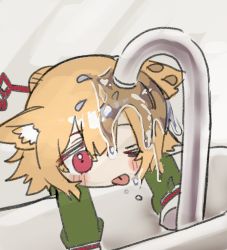 Rule 34 | 1girl, animal ear fluff, animal ears, blonde hair, borrowed character, closed mouth, commentary request, failure, faucet, fox ears, green shirt, hair between eyes, hair bun, hair ornament, highres, kemomimi-chan (naga u), long sleeves, one eye closed, original, red eyes, sanzui, shirt, sink, sleeves past fingers, sleeves past wrists, solo, tongue, tongue out, water, you&#039;re doing it wrong