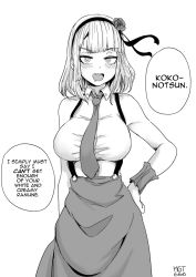 Rule 34 | 10s, 1girl, artist name, bare shoulders, black hairband, blush, breasts, cowboy shot, dagashi kashi, drooling, flower, hair flower, hair ornament, hairband, hand on own hip, high-waist skirt, highres, large breasts, looking at viewer, monochrome, necktie, norman maggot, open mouth, ribbon, ringed eyes, rose, shidare hotaru, shirt, short hair, simple background, skirt, sleeveless, sleeveless shirt, solo, speech bubble, standing, suspender skirt, suspenders, taut clothes, taut shirt, white background