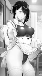 Rule 34 | 1girl, apron, apron lift, breasts, clothes lift, commentary request, competition swimsuit, elbow gloves, gentsuki, gloves, greyscale, highres, indoors, large breasts, looking at viewer, monochrome, one-piece swimsuit, original, parted lips, short hair, smile, solo, swimsuit, thighhighs, thighs, tray