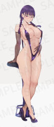 Rule 34 | 1girl, alp, breasts, elbow gloves, glasses, gloves, hand on own stomach, high heels, highres, large breasts, legs, looking at viewer, mole, mole on breast, navel, original, purple eyes, purple hair, sample watermark, slingshot swimsuit, standing, stool, swimsuit, thighs, watermark, white background