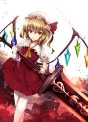 Rule 34 | 1girl, ascot, blonde hair, closed mouth, cowboy shot, crystal, flandre scarlet, hat, hat ribbon, highres, holding, holding sword, holding weapon, looking at viewer, mob cap, puffy short sleeves, puffy sleeves, red eyes, red ribbon, red skirt, red vest, ribbon, shirt, short sleeves, side ponytail, sinkai, skirt, skirt set, smile, solo, sword, thighhighs, touhou, vest, weapon, white shirt, white thighhighs, wings