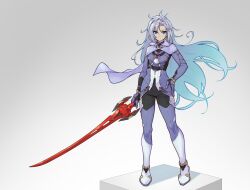 Rule 34 | 1girl, a (xenoblade), armor, armored bodysuit, black bodysuit, blue eyes, bodysuit, cape, closed mouth, commentary request, full body, grey background, grey cape, grey hair, holding, holding sword, holding weapon, long hair, monado fencer, namicha, simple background, solo, standing, sword, weapon, xenoblade chronicles (series), xenoblade chronicles 3