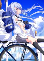 Rule 34 | 1boy, 1girl, arm between legs, arm cutout, bag, bicycle, black socks, blue sky, blush, brown hair, cloud, cloudy sky, contrail, day, feet out of frame, floating hair, from side, grey hair, grey skirt, guard rail, highres, kneehighs, kyamiuu, lens flare, looking up, out of frame, outdoors, pleated skirt, profile, red eyes, riding, riding bicycle, school bag, school uniform, shirt, short sleeves, skirt, sky, socks, solo focus, sorakado ao, summer pockets, takahara hairi, white shirt