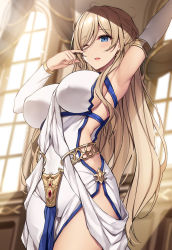 Rule 34 | 1girl, arm up, armpits, blonde hair, blue eyes, breasts, clothing cutout, covered erect nipples, detached sleeves, dress, duplicate, elbow gloves, finger to face, gloves, goblin slayer!, hair between eyes, large breasts, no bra, one eye closed, pelvic curtain, pixel-perfect duplicate, side cutout, side slit, skindentation, solo, sword maiden, thighs, xe (execut3r)