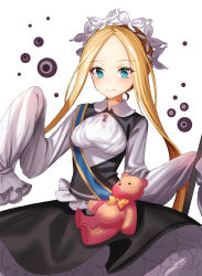 Rule 34 | 1girl, abigail williams (fate), abigail williams (festival outfit) (fate), absurdres, black dress, blonde hair, blue eyes, blush, breasts, butterfly hair ornament, closed mouth, collared dress, commentary request, dress, fate/grand order, fate (series), forehead, hair ornament, hands up, haribo kanten, heroic spirit chaldea park outfit, highres, holding, keyhole, long hair, long sleeves, medium breasts, official alternate costume, parted bangs, shirt, sidelocks, simple background, sleeveless, sleeveless dress, sleeves past fingers, sleeves past wrists, smile, solo, stuffed animal, stuffed toy, teddy bear, very long hair, white background, white shirt