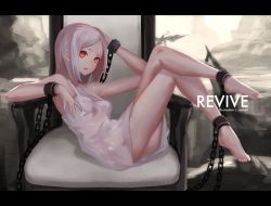 Rule 34 | 1girl, ass, bad id, bad pixiv id, breasts, cancell, chain, chair, cuffs, dress, full body, letterboxed, long hair, original, plantar flexion, red eyes, sitting, sleeveless, sleeveless dress, solo, white dress, white hair