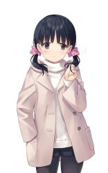 Rule 34 | ..., 1girl, :&lt;, black eyes, black hair, black pantyhose, black shorts, brown coat, closed mouth, coat, commentary request, cowboy shot, hair ornament, hair scrunchie, hand in pocket, hand up, highres, light blush, looking to the side, medium hair, na-ga, open clothes, open coat, original, pantyhose, pink scrunchie, playing with own hair, scrunchie, short shorts, shorts, simple background, solo, standing, sweater, twintails, white background, white sweater