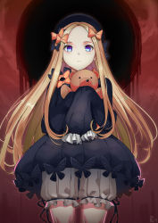 Rule 34 | 1girl, abigail williams (fate), bad id, bad pixiv id, black bow, black dress, black hat, blonde hair, bloomers, blue eyes, bow, bug, butterfly, closed mouth, commentary, dress, fate/grand order, fate (series), forehead, hair bow, hands in opposite sleeves, hat, highres, hugging object, insect, kakeku, long hair, long sleeves, looking at viewer, orange bow, parted bangs, polka dot, polka dot bow, signature, solo, stuffed animal, stuffed toy, teddy bear, underwear, very long hair, white bloomers