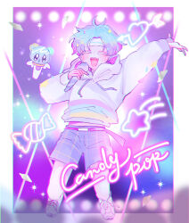 Rule 34 | 1boy, blue eyes, blue hair, blue shorts, commentary, commentary request, concert, cookie run, happy, holding, holding microphone, hood, hood down, hoodie, humanization, mamimumemo, microphone, multicolored hair, music, open mouth, personification, popping candy cookie, purple hair, shorts, singing, smile, solo, spotlight, stage, two-tone hair, white hoodie