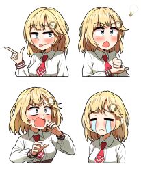 Rule 34 | 1girl, :p, blonde hair, blue eyes, blush, collared shirt, commentary, cropped torso, ddolbang, expressions, hair ornament, highres, hololive, hololive english, light bulb, long sleeves, multiple views, necktie, palm-fist tap, red necktie, shirt, short hair, short necktie, surprised, t t, tongue, tongue out, virtual youtuber, watson amelia, watson amelia (1st costume), white shirt