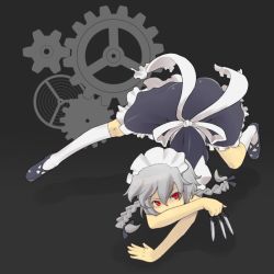 Rule 34 | 1girl, all fours, between fingers, braid, female focus, gears, holding, izayoi sakuya, knife, red eyes, ribbon, silver hair, solo, throwing knife, torque, touhou, weapon