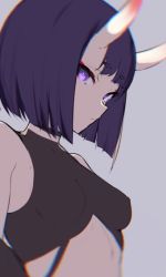 Rule 34 | 1girl, bad id, bad twitter id, bare shoulders, breasts, clothing cutout, collar, crop top, demon girl, demon horns, fate/grand order, fate (series), halterneck, horns, looking at viewer, navel cutout, purple eyes, purple hair, short hair, shuten douji (fate), small breasts, spider apple