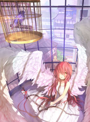 Rule 34 | 1girl, bird, birdcage, cage, chain, collar, dress, flower, hair over one eye, highres, hitoshi, long hair, original, pink hair, sitting, solo, wings, yellow eyes