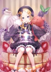 Rule 34 | 1girl, :d, abigail williams (fate), black bow, black dress, black footwear, black hat, blonde hair, bloomers, blue eyes, blush, bow, bug, butterfly, character doll, commentary request, cream, dress, fate/grand order, fate (series), food, forehead, fruit, glowing, hair bow, hat, highres, hugging object, in food, insect, jug (bottle), kachayori, keyhole, lavinia whateley (fate), long hair, long sleeves, open mouth, orange bow, pancake, pancake stack, parted bangs, polka dot, polka dot bow, shoes, sitting, sleeves past fingers, sleeves past wrists, smile, solo, strawberry, striped, striped background, stuffed animal, stuffed toy, suction cups, teddy bear, teeth, tentacles, underwear, upper teeth only, vertical stripes, very long hair, white bloomers