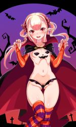 Rule 34 | 1girl, bat (animal), betoko, black panties, blush, breasts, bridal gauntlets, cloak, cross, elbow gloves, fang, gloves, halloween, harigane shinshi, highres, horns, jack-o&#039;-lantern, long hair, looking at viewer, nail polish, navel, open mouth, original, panties, pasties, pointy ears, red eyes, revealing clothes, small breasts, solo, standing, striped clothes, striped thighhighs, thighhighs, twintails, underwear