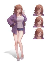 Rule 34 | 1girl, :q, absurdres, bare legs, blue shorts, blush, breasts, brown eyes, brown hair, chukibabo2, cleavage, commission, covered navel, embarrassed, expressions, frown, hand on own hip, hand up, heart, heart-shaped pupils, highres, jacket, large breasts, long hair, long sleeves, looking at viewer, naughty face, nose blush, open clothes, open jacket, original, purple jacket, shirt, shoes, short shorts, shorts, simple background, smile, solo, symbol-shaped pupils, taut clothes, taut shirt, thighs, tongue, tongue out, v, white background, white footwear, white shirt