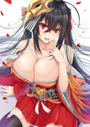 Rule 34 | 1girl, absurdres, azur lane, bare shoulders, black hair, black thighhighs, blush, breasts, cleavage, crossed bangs, gu li, hair between eyes, highres, huge breasts, japanese clothes, kimono, long hair, long sleeves, looking at viewer, mask, mask on head, open mouth, red eyes, red kimono, smile, solo, taihou (azur lane), thighhighs, thighs