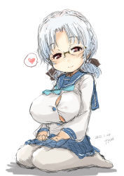 Rule 34 | 1girl, absurdres, alternate breast size, blue neckerchief, blue skirt, breasts, brown eyes, fyuo, glasses, gloves, grey hair, heart, highres, hirato (kancolle), kantai collection, large breasts, long sleeves, neckerchief, pantyhose, pleated skirt, school uniform, seiza, serafuku, short hair, simple background, sitting, skirt, solo, spoken heart, wavy hair, white background, white gloves, white pantyhose