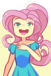 Rule 34 | 1girl, blue dress, blush, colored skin, drantyno, dress, fluttershy, green eyes, hand on own chest, hasbro, highres, long hair, looking at viewer, my little pony, my little pony: equestria girls, my little pony: friendship is magic, open mouth, pink hair, ponytail, puffy sleeves, short sleeves, smile, standing, teeth, yellow background, yellow skin