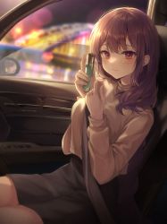 Rule 34 | 1girl, absurdres, black skirt, blurry, blurry background, blush, bottle, breasts, brown sweater, car interior, closed mouth, commentary request, genshin impact, hands up, highres, holding, holding bottle, long hair, long sleeves, looking at viewer, night, pink eyes, purple hair, raiden shogun, seatbelt, simple background, sitting, skirt, smile, solcha, solo, sweater, very long hair