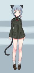 Rule 34 | 1girl, absurdres, aohashi ame, black shirt, blue hair, brown footwear, commentary request, emblem, epaulettes, full body, green eyes, green jacket, hair ribbon, highres, jacket, loafers, looking at viewer, military, military uniform, no pants, original, parted lips, red ribbon, ribbon, shirt, shoes, short hair, socks, solo, standing, uniform, white socks, world witches series