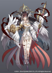 Rule 34 | 1girl, angel wings, armor, blue eyes, breasts, brown hair, feather hair ornament, feathered wings, feathers, full body, garter belt, gloves, grey background, grimms notes, hair ornament, halo, holding, holding polearm, holding spear, holding weapon, long hair, long sleeves, looking at viewer, medium breasts, multicolored hair, official art, polearm, sacanahen, simple background, solo, spear, streaked hair, watermark, weapon, white gloves, white hair, white legwear, white wings, wings