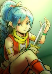 Rule 34 | 1girl, armband, blue eyes, blue hair, bracelet, braid, braided ponytail, dragon quest, dragon quest xi, hair ribbon, highres, jewelry, knife, long hair, looking at viewer, maya (dq11), red vest, ribbon, scarf, simple background, single braid, solo, vest, wandaisuki, weapon