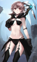 Rule 34 | 10s, 1girl, alternate costume, artist name, bad id, bad pixiv id, bikini, black bikini, black gloves, black thighhighs, breasts, cape, cleavage, final fantasy, final fantasy xiv, garter straps, gloves, highres, hyur, looking at viewer, medium breasts, navel, short hair, sketch, skirt, solo, swd3e2, swimsuit, thighhighs, underboob, warrior of light (ff14), weapon, white mage (final fantasy)