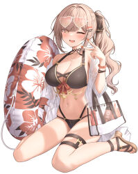 Rule 34 | 1girl, ;d, bag, bare shoulders, bikini, blush, bracelet, breasts, brown bikini, brown hair, choker, cleavage, commentary request, eyewear on head, hair ornament, heart, heart-shaped eyewear, highres, innertube, jewelry, large breasts, long hair, looking at viewer, monaka curl, navel, necklace, one eye closed, open mouth, original, side ponytail, simple background, sitting, smile, solo, stomach, sunglasses, swim ring, swimsuit, thigh strap, thighs, wariza, white background
