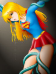 Rule 34 | 1girl, arms up, bdsm, blonde hair, blue eyes, cape, dc comics, empty eyes, highres, humiliation, imminent rape, long hair, rape, restrained, saliva, sexual objectification, slave, small breasts, solo, source request, supergirl, tears, tentacles, torn clothes, torture