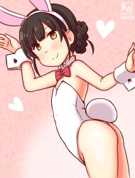 Rule 34 | 1girl, animal ears, artist logo, ass, bare shoulders, black hair, bow, bowtie, braid, brown eyes, brown hair, cowboy shot, dated, detached collar, double bun, fake animal ears, fake tail, gradient background, hair bun, kanon (kurogane knights), kantai collection, leotard, long hair, looking at viewer, looking to the side, one-hour drawing challenge, pink background, playboy bunny, rabbit ears, rabbit tail, smile, solo, strapless, strapless leotard, tail, traditional bowtie, twin braids, white leotard, wrist cuffs, yawata maru (kancolle)