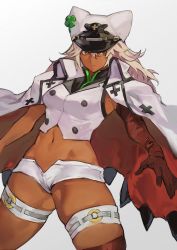 Rule 34 | 1girl, bandages, brown eyes, buttons, cape, clover, dark-skinned female, dark skin, four-leaf clover, guilty gear, guilty gear strive, hair between eyes, hat, highres, looking to the side, midriff, navel, platinum blonde hair, ramlethal valentine, short shorts, shorts, solo, stomach, thick thighs, thigh strap, thighs, uncle rabbit ii, white cape