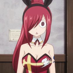 Rule 34 | 1girl, animal ears, animated, animated gif, blinking, breasts, brown eyes, cleavage, collar, cross, detached collar, erza scarlet, fairy tail, fake animal ears, hair ornament, hair over one eye, high ponytail, indoors, large breasts, leotard, long hair, looking at viewer, lowres, no bra, open mouth, playboy bunny, ponytail, rabbit ears, red hair, solo, tattoo, wall