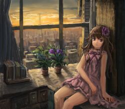 Rule 34 | 1girl, ame sagari, bare arms, bare legs, bare shoulders, black choker, book, book stack, bow, bowtie, brown hair, building, choker, city, closed mouth, cloud, cloudy sky, commentary, cowboy shot, curtains, drawer, dress, flower, frilled dress, frills, hair flower, hair ornament, highres, indoors, long hair, looking at viewer, orange skirt, original, plant, potted plant, purple bow, purple bowtie, purple dress, purple eyes, purple flower, purple rose, rose, short dress, sidelocks, sitting, skirt, sky, skyscraper, sleeveless, sleeveless dress, smile, solo, sunset, window