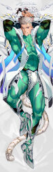 Rule 34 | 1boy, absurdres, animal ears, bara, bodysuit, bound, bound arms, bulge, check copyright, clenched teeth, copyright request, dakimakura (medium), from above, full body, green bodysuit, highres, incredibly absurdres, large pectorals, male focus, multicolored hair, muscular, muscular male, nanyu1998, original, pectorals, short hair, skin tight, solo, streaked hair, tail, teeth, thick eyebrows, tiger boy, tiger ears, tiger tail