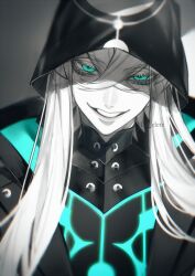 1boy asclepius_(fate) au_(d_elete) crossed_bangs eyelashes fate/grand_order fate_(series) green_eyes greyscale hood long_hair looking_at_viewer male_focus monochrome parted_lips solo spot_color twitter_username upper_body very_long_hair